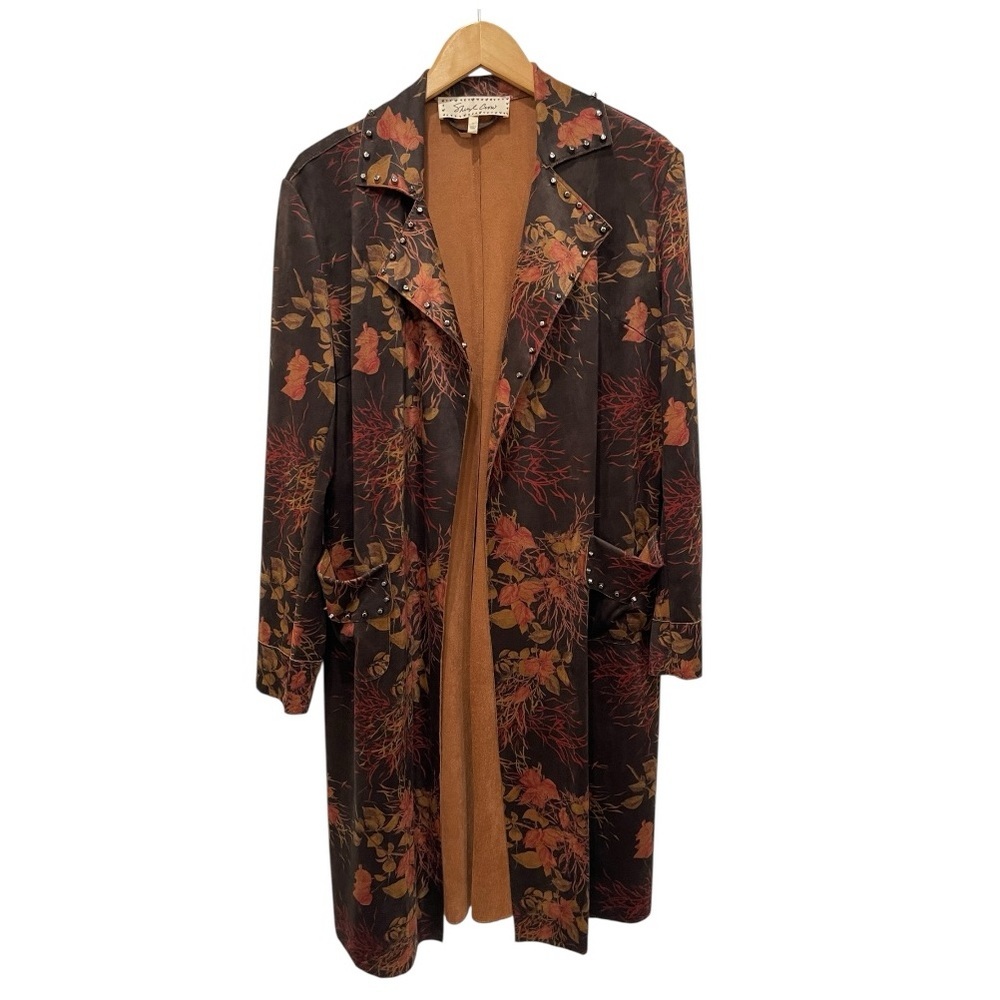 Sheryl Crow Boho Faux Suede Floral Trench Coat Brown Orange | Size Small - Picture 5 of 10
